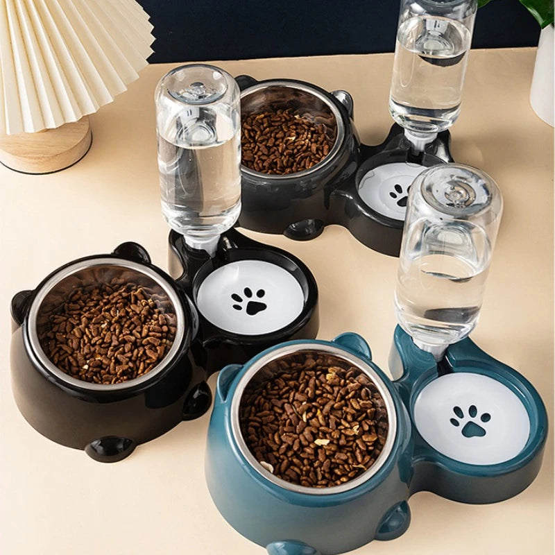 "A fluffy orange cat, hungry, looking at an empty bowl, then happily eating from an automatic gravity feeder"